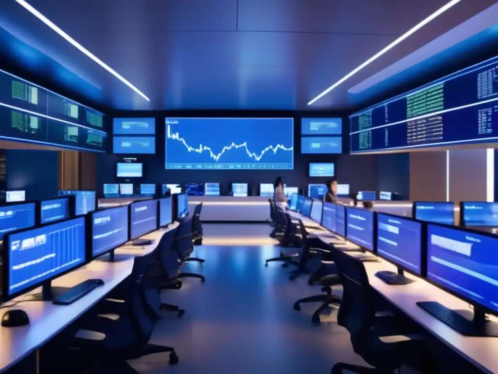 Traders analizando datos en una sala de operaciones futurista Un trading floor futurista con monitores de cristal que muestran datos del mercado en tiempo real