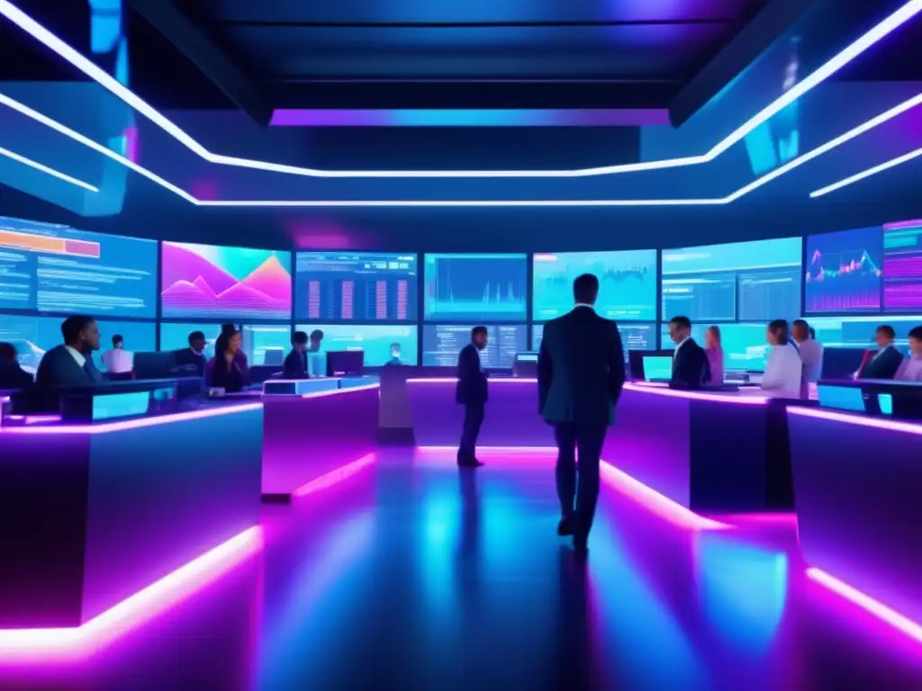 Futuro trading floor con profesionales y tecnología avanzada Trading floor futurista con profesionales analizando datos en pantallas transparentes y tecnología avanzada