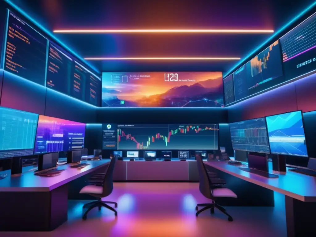Trading floor futurista con tecnología avanzada Trading floor futurista y sofisticado con traders analizando datos de criptomonedas