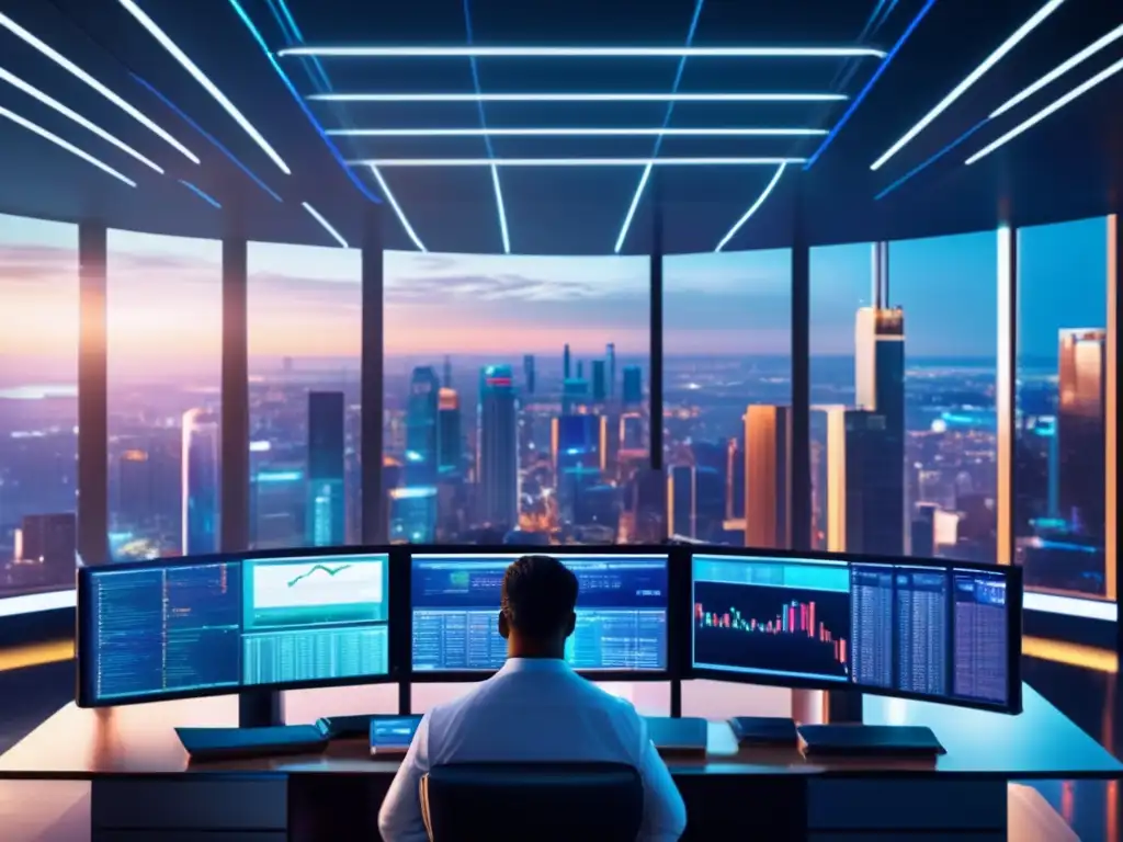 Futuro trading floor con tecnología avanzada Trading floor futurista con tecnología avanzada y traders tomando decisiones inteligentes