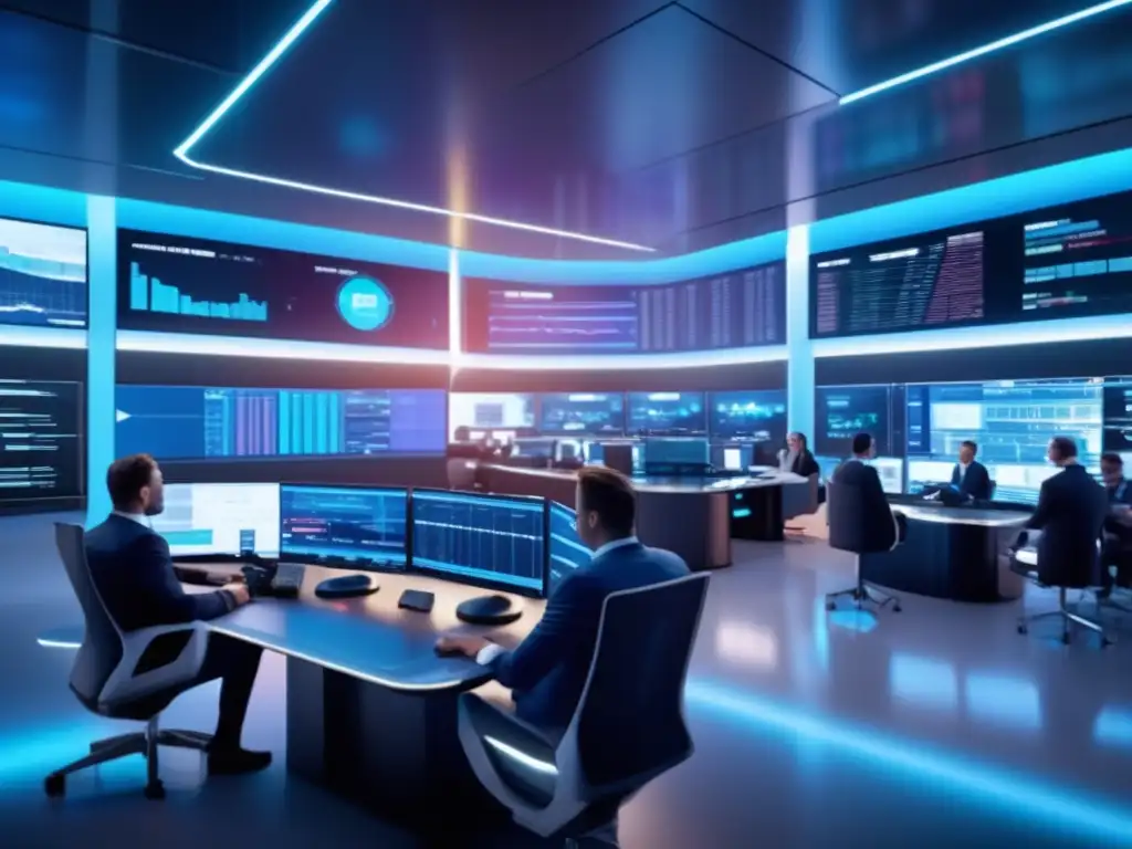 Trading floor futurista y sofisticado Trading floor futurista con tecnología de vanguardia y profesionales analizando datos y ejecutando operaciones