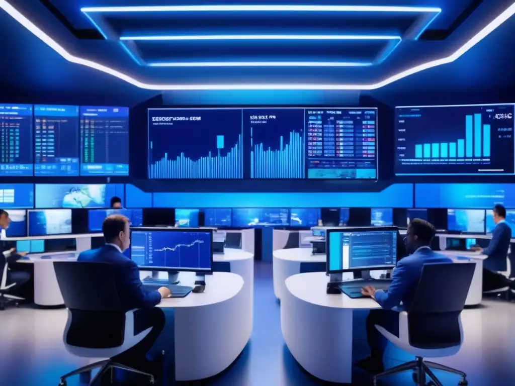 Trading floor futurista y sofisticado Trading floor futurista con tecnología de vanguardia y traders analizando datos en tablets y laptops