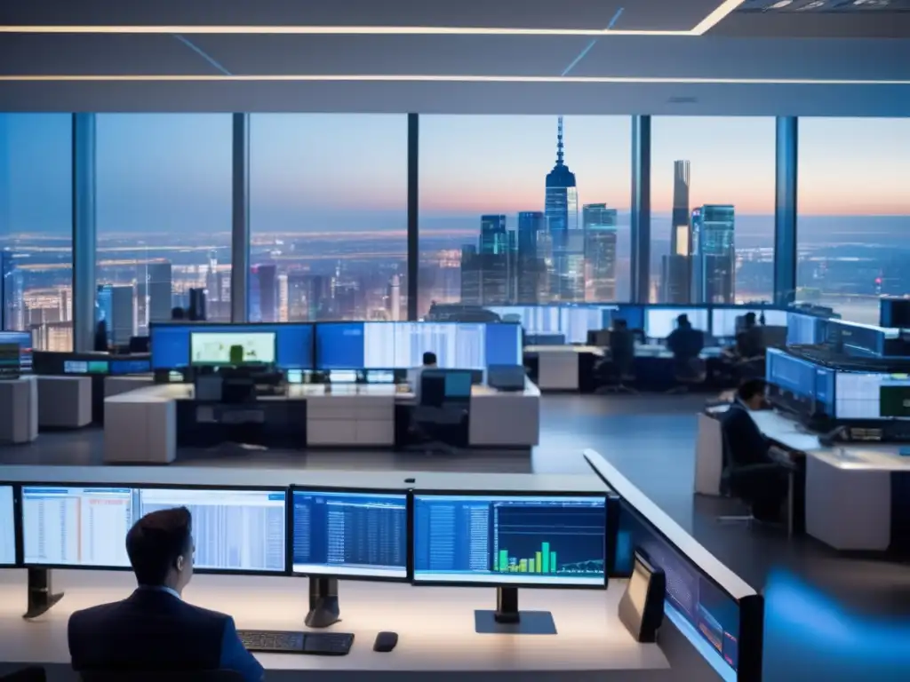 Trading floor futurista con tecnología avanzada Trading floor futurista con traders profesionales, tecnología avanzada y robots, mostrando los beneficios de usar bots en trading