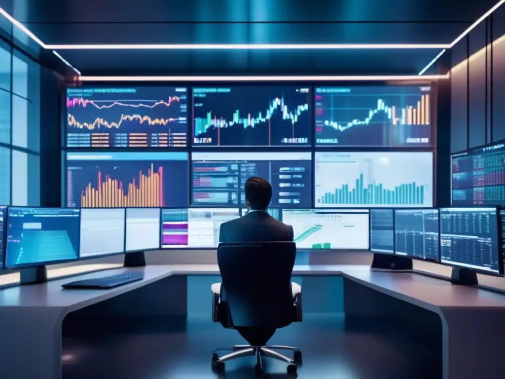 Traders analizando datos en una sala de trading futurista Trading floor futurista con traders analizando datos y tomando decisiones