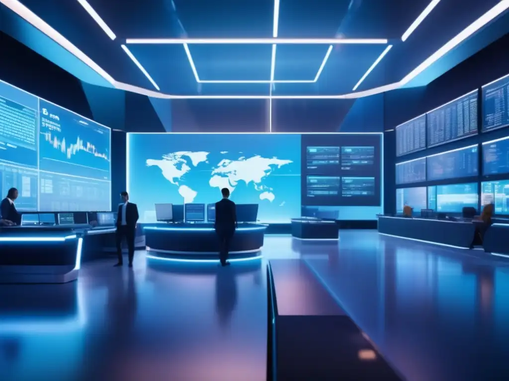 Traders en piso futurista, tecnología AI en trading Trading floor futurista con IA en el trading algorítmico