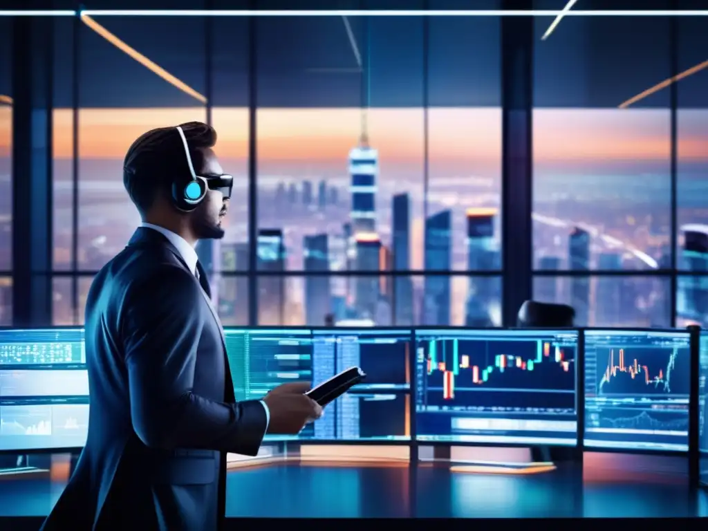 Trading futurista en ciudad vibrante Trading floor futurista con vista panorámica de la ciudad