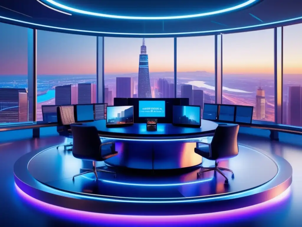 Traders en un piso de trading futurista con vista panorámica de la ciudad Trading floor futurista con vista panorámica de ciudad al atardecer, criptomonedas y traders analizando datos en pantallas