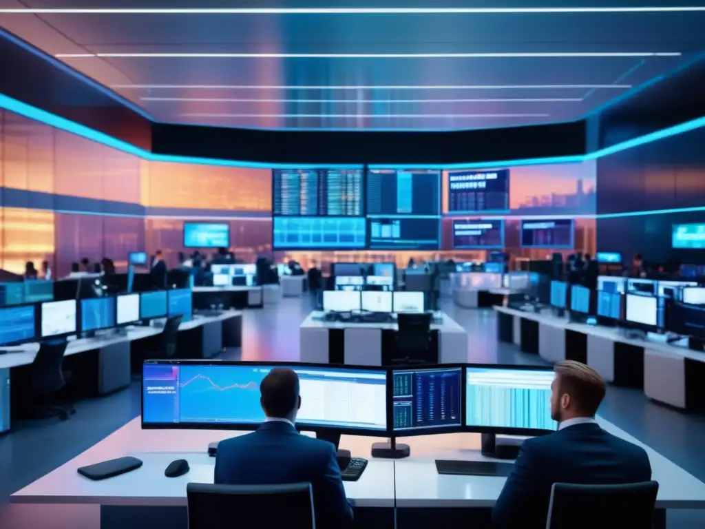 Trading floor con tecnología avanzada Trading floor lleno de actividad y traders analizando gráficos y datos, en un ambiente sofisticado y futurista
