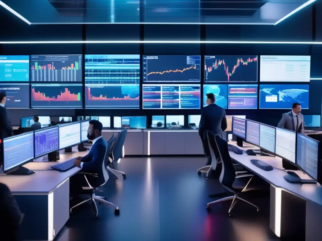 Traders en un piso financiero moderno Trading floor moderno y activo con traders analizando datos en pantallas y iluminación futurista - Ratio Put/Call y mercado financiero