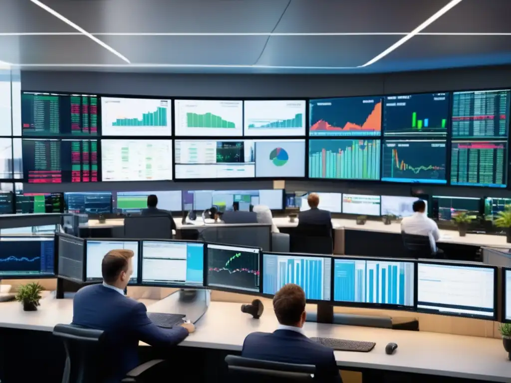Trading floor moderno y dinámico Trading floor moderno y activo, profesionales en trajes analizando datos y haciendo operaciones