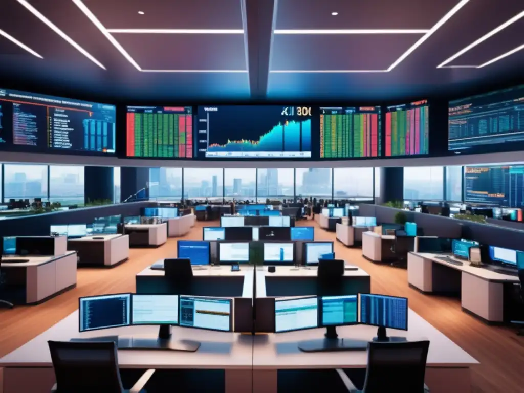 Trading floor con oficinas de vidrio y traders profesionales Trading floor moderno con oficinas elegantes y traders profesionales