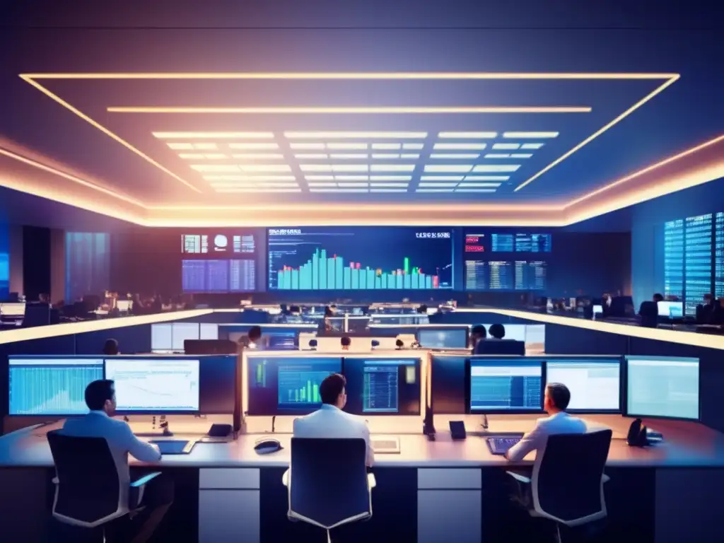 Traders en piso de trading moderno Trading floor moderno, traders analizan y ejecutan operaciones en el mercado Forex, casodeéxito volatilidad