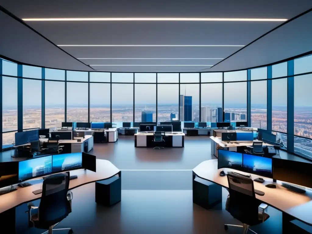 Trading floor moderno y profesional Trading floor moderno y profesional con ventanas panorámicas y traders enfocados en estrategias de inversión rentables