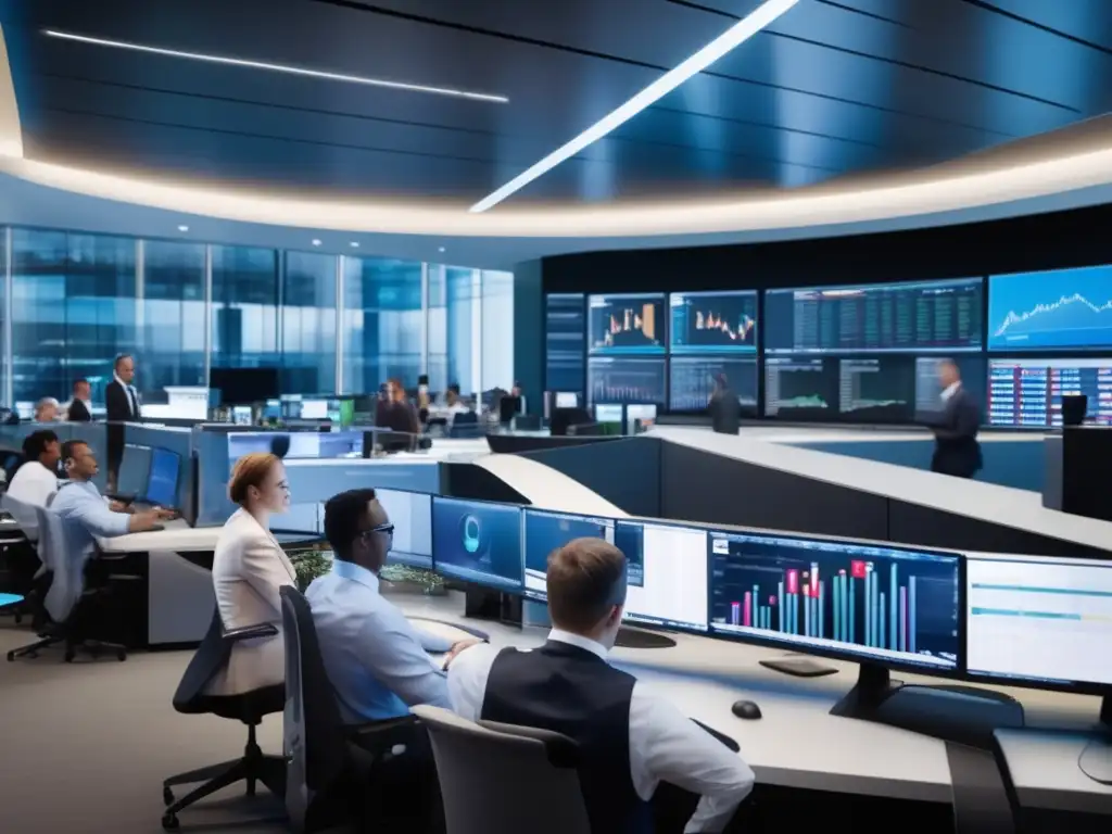 Traders expertos en moderna sala de operaciones Trading floor moderno con profesionales de inversión activa
