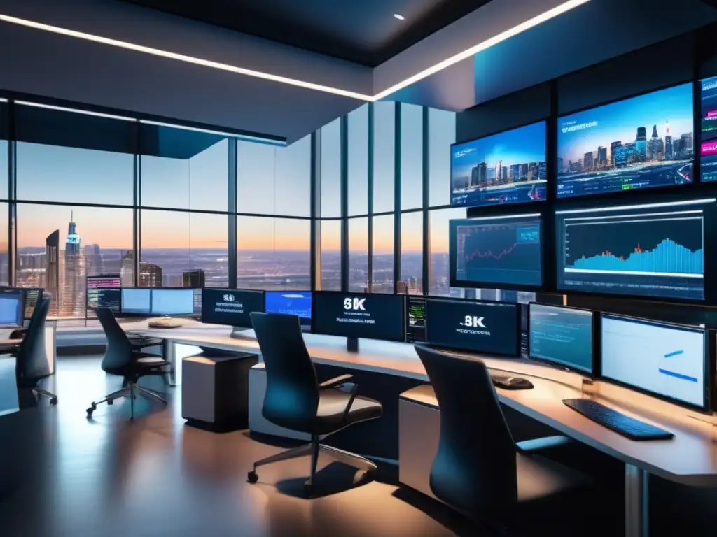 Traders profesionales analizando mercados Trading floor moderno con gestión de riesgos en mercados financieros diversificados