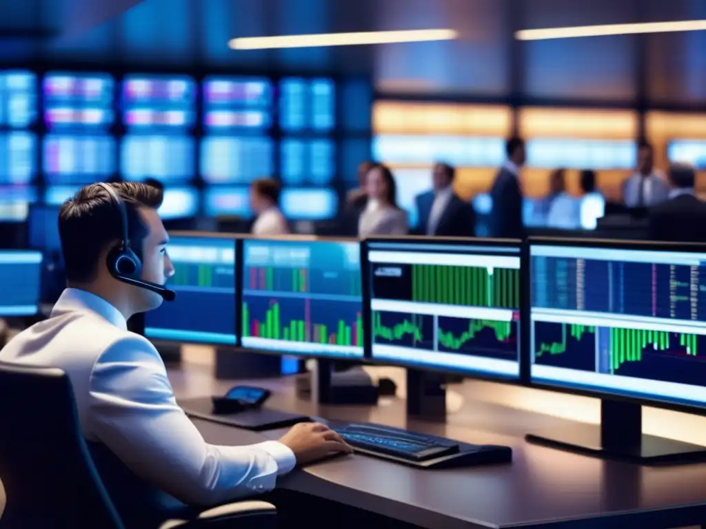 Piso de trading moderno y sofisticado Trading floor moderno y sofisticado con traders en trajes elegantes y tecnología avanzada