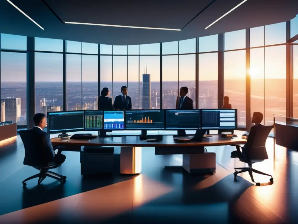 Trading floor moderno con tecnología avanzada y traders analizando datos Trading floor moderno con tecnología avanzada y traders analizando datos