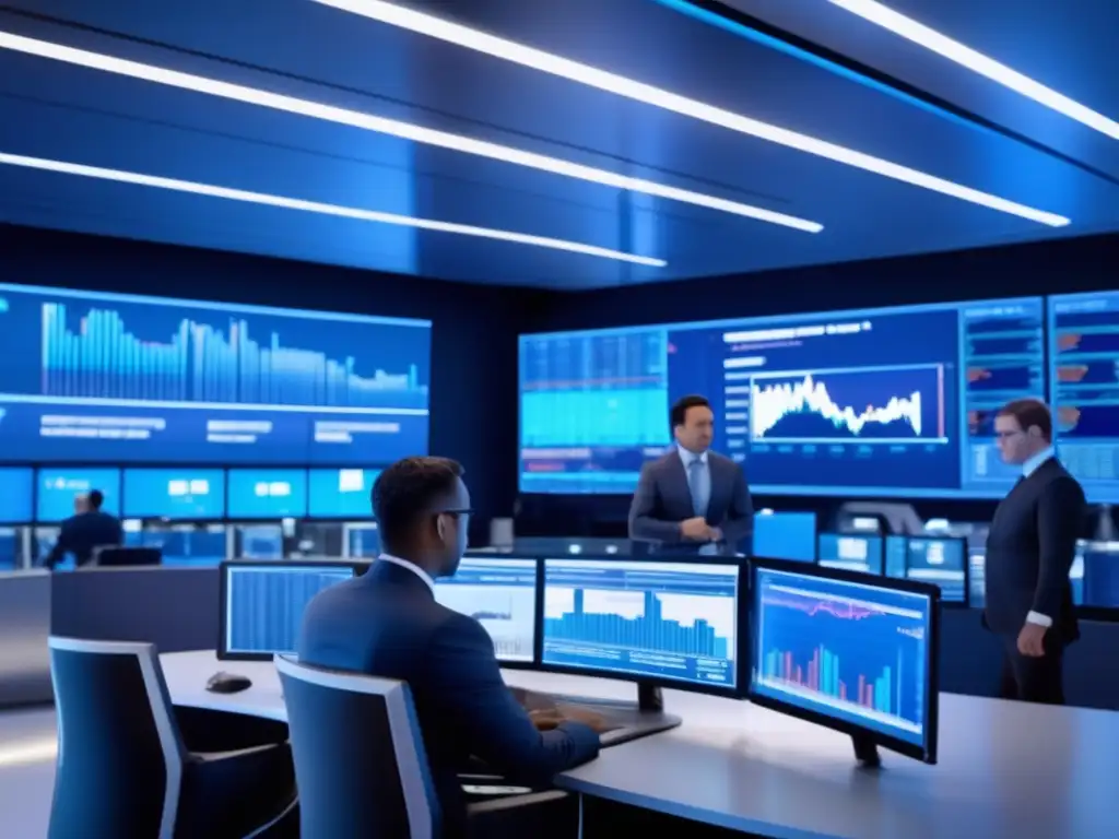 Traders analizando datos en moderna sala de trading Trading floor moderno con tecnología avanzada y traders analizando datos en tiempo real