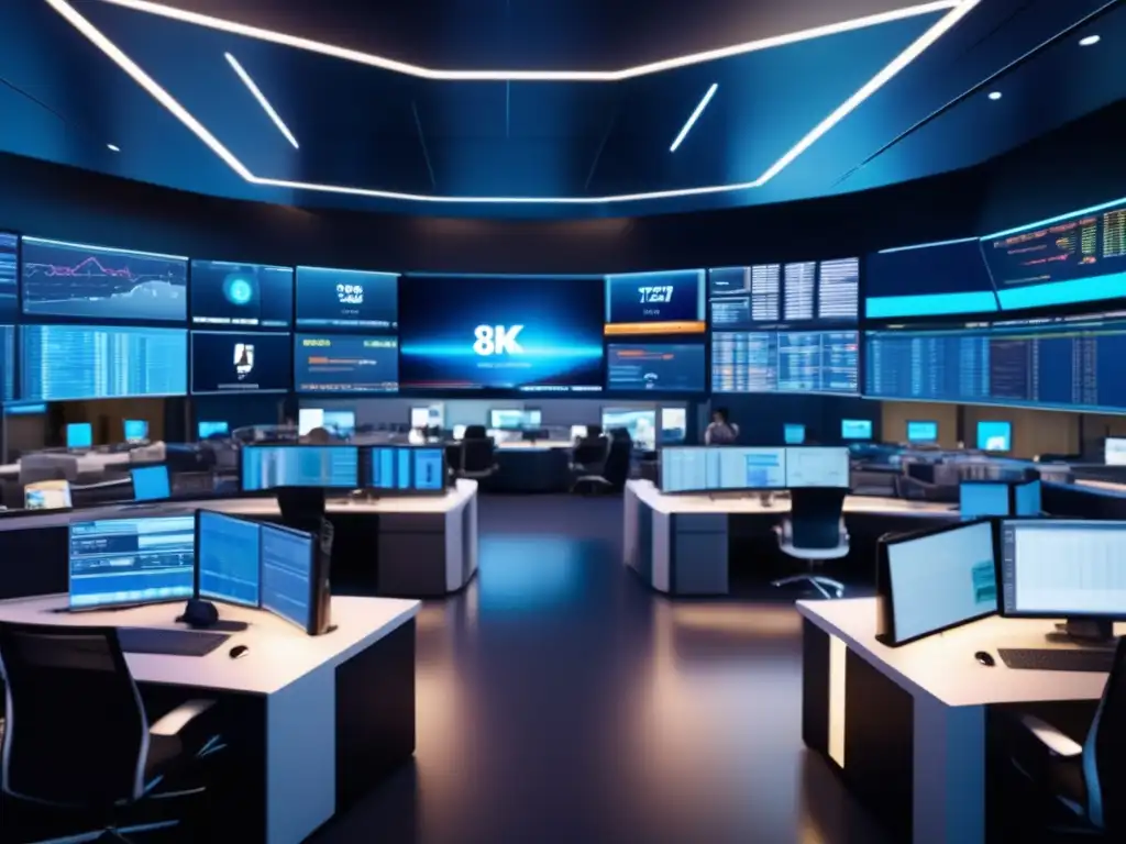 Moderna sala de trading con tecnología avanzada Trading floor moderno con tecnología avanzada, traders y análisis técnico y fundamental