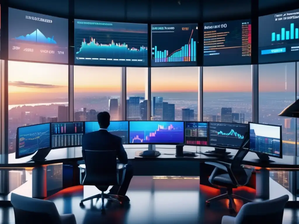 Trading floor moderno y sofisticado con tecnología avanzada Trading floor moderno y tecnológico con vista panorámica - Indicadores venta acciones tecnológicas