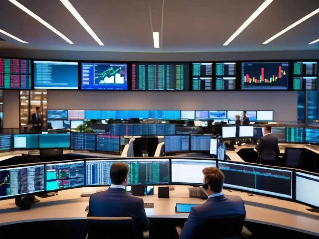 Traders en acción: la alta tecnología del trading Trading floor moderno y tecnológico con traders en trajes ejecutando estrategias de inversión en bolsa