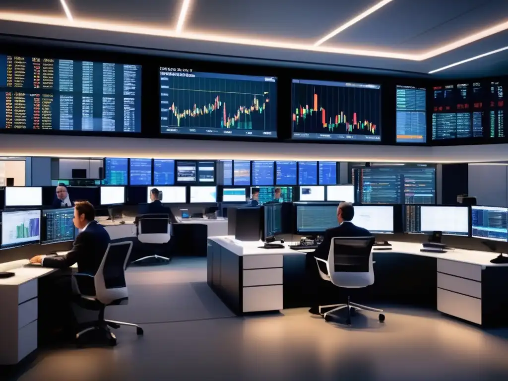 Trading floor moderno y profesional Trading floor moderno con traders analizando datos financieros en monitores