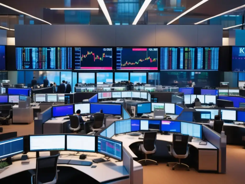 Traders ocupados en moderna bolsa Trading floor moderno con traders trabajando en sus escritorios, pantallas muestran datos de mercado