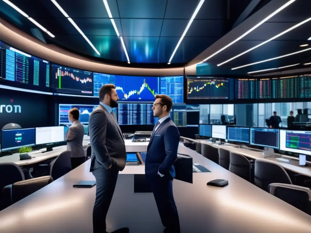 Traders analizando gráficos en una sala moderna Trading floor moderno con traders profesionales analizando gráficos en pantallas grandes