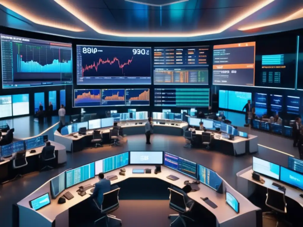 Moderna sala de trading con traders en acción Trading floor moderno con traders analizando datos de mercado en pantallas múltiples
