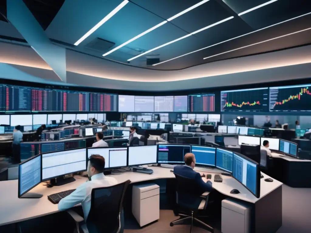 Traders analizando mercado con Keltner Bands Trading floor moderno con traders analizando volatilidad del mercado usando Keltner Bands
