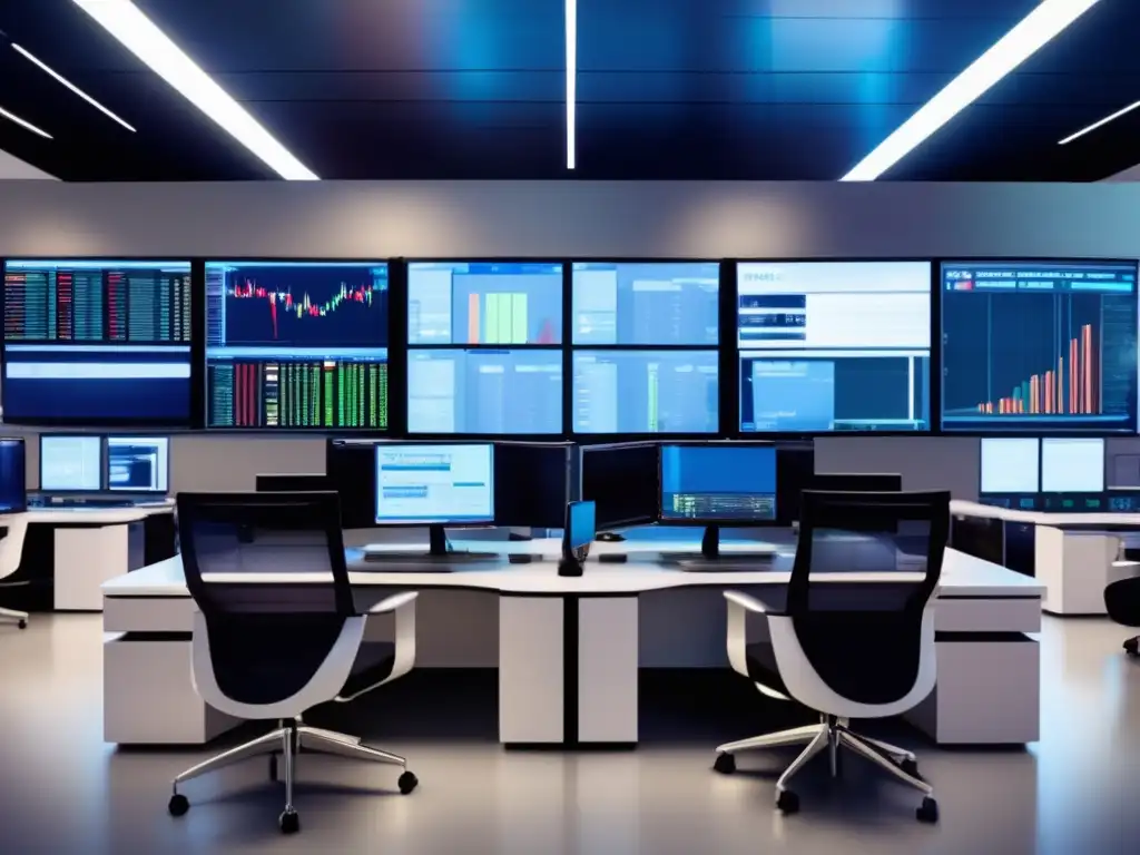 Traders analizando datos en sala de trading Trading floor moderno con traders analizando pantallas con datos de mercado y aplicando CCI en distintos mercados