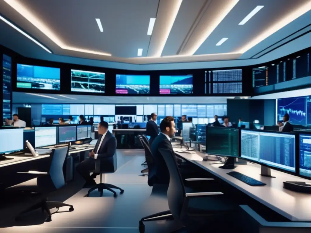 Trading floor moderno y dinámico con traders y pantallas Trading floor moderno con traders en trajes, intensas conversaciones y monitores brillantes