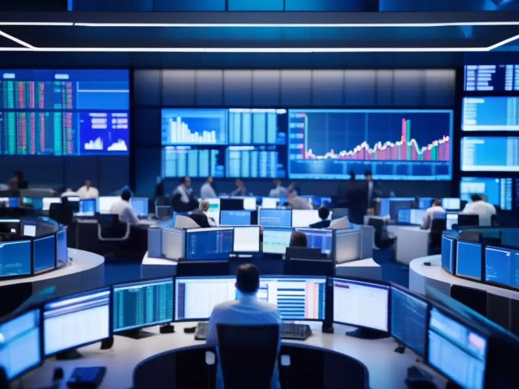 Traders analizando mercado financiero- Trading floor moderno, traders analizando datos de mercado en tiempo real