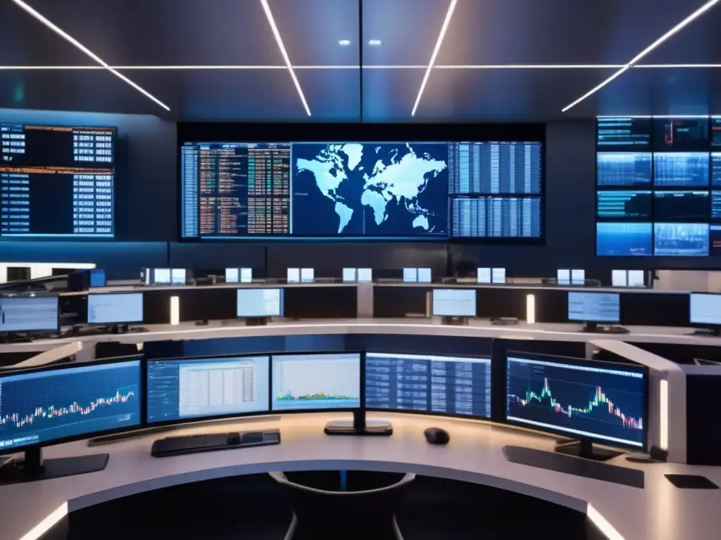 Trading floor moderno y futurista Trading floor moderno con traders enfocados en sus escritorios, analizando gráficos y ejecutando operaciones con precisión