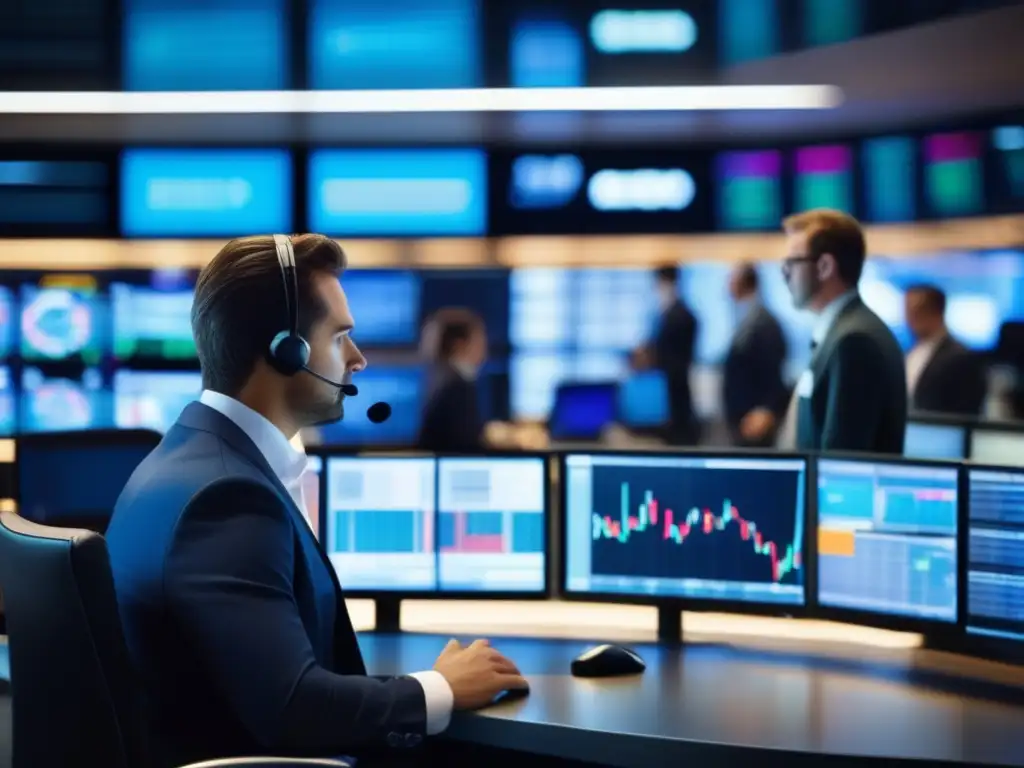 Traders en piso moderno y activo Trading floor moderno con traders en actividad y tecnología avanzada