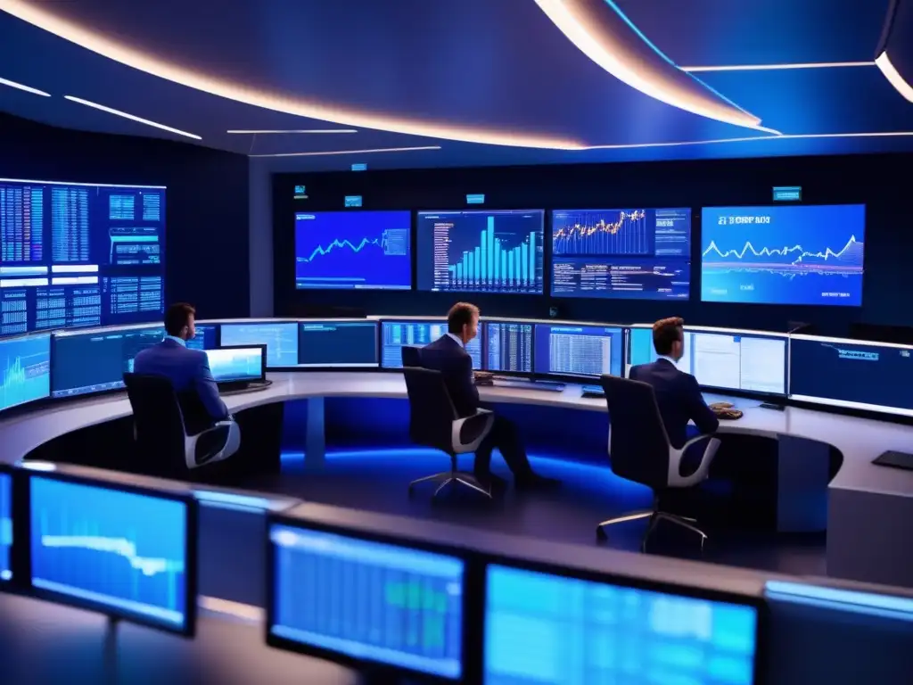 Trading floor moderno y dinámico Trading floor moderno con traders analizando gráficos y monitoreando el mercado, resaltando estrategias para day traders