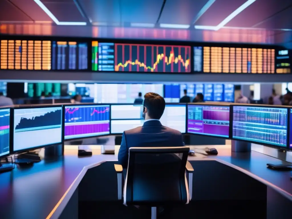 Traders en un moderno piso de trading Trading floor moderno con traders ocupados y pantallas digitales mostrando datos bursátiles en tiempo real