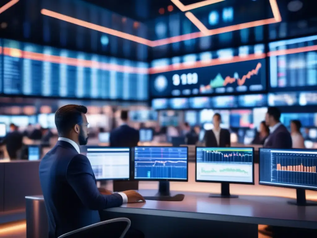 Trading floor moderno con traders analizando gráficos Trading floor moderno con traders analizando gráficos y datos financieros en monitores de alta tecnología