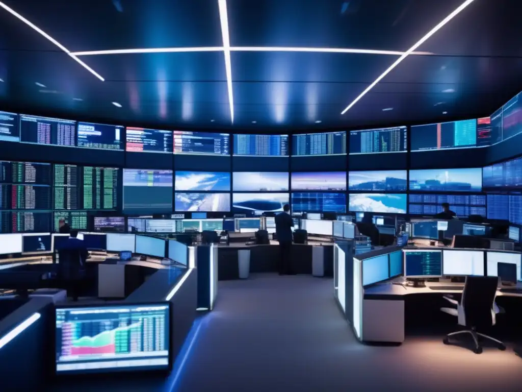 Traders analizando datos financieros en una moderna sala de operaciones Trading floor moderno con traders analizando datos financieros en pantallas, resaltando la importancia de noticias económicas para inversiones