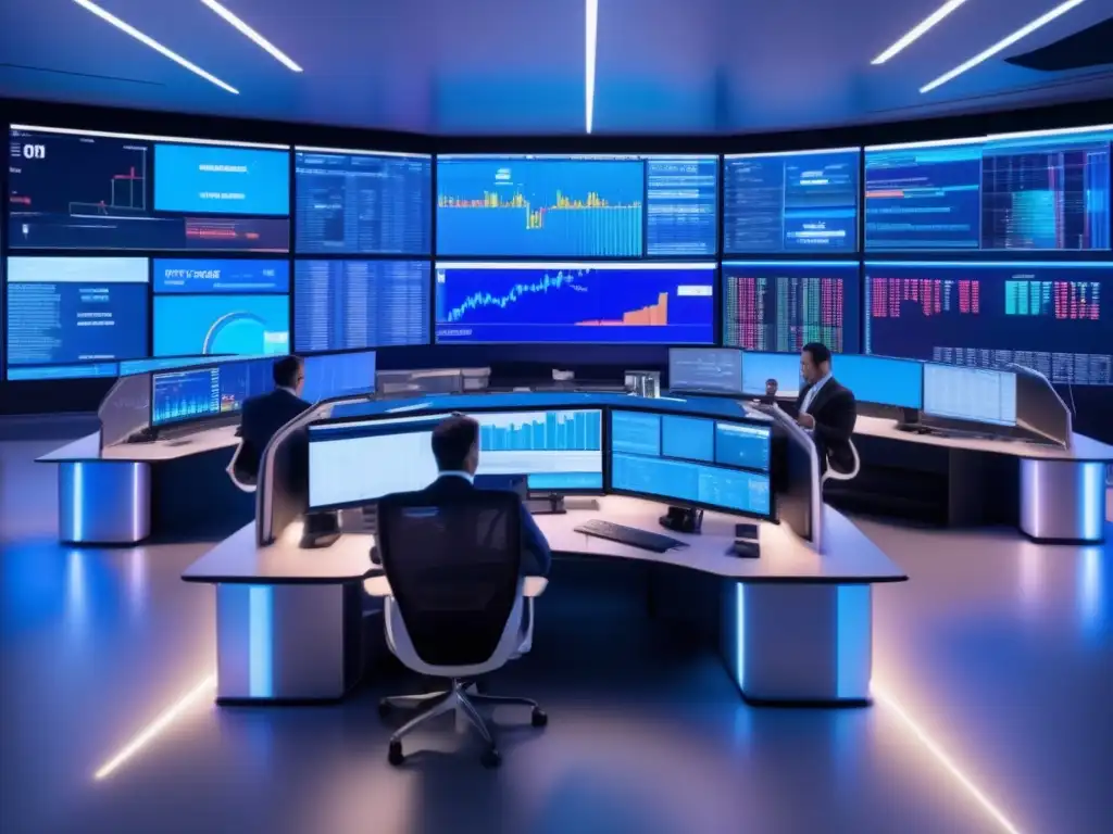 Traders en un moderno piso de trading, ambiente futurista Trading floor moderno con traders en trajes y monitores gigantes
