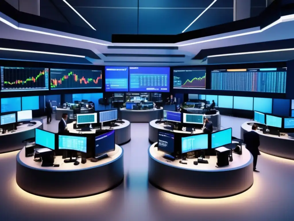 Trading floor moderno y dinámico con traders profesionales Trading floor moderno y ultradetallado: Mejorar rendimiento bursátil con ADX