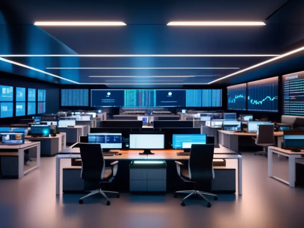 Trading floor ultradetallado con IA Trading floor moderno con IA: Ventajas de usar software AI en inversiones