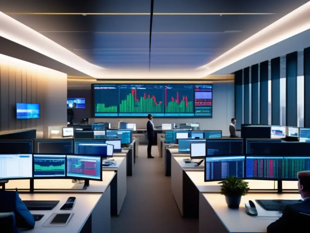 Traders en moderna sala de trading Trading floor moderno con ventanas de piso a techo, diseño minimalista y tecnología de vanguardia
