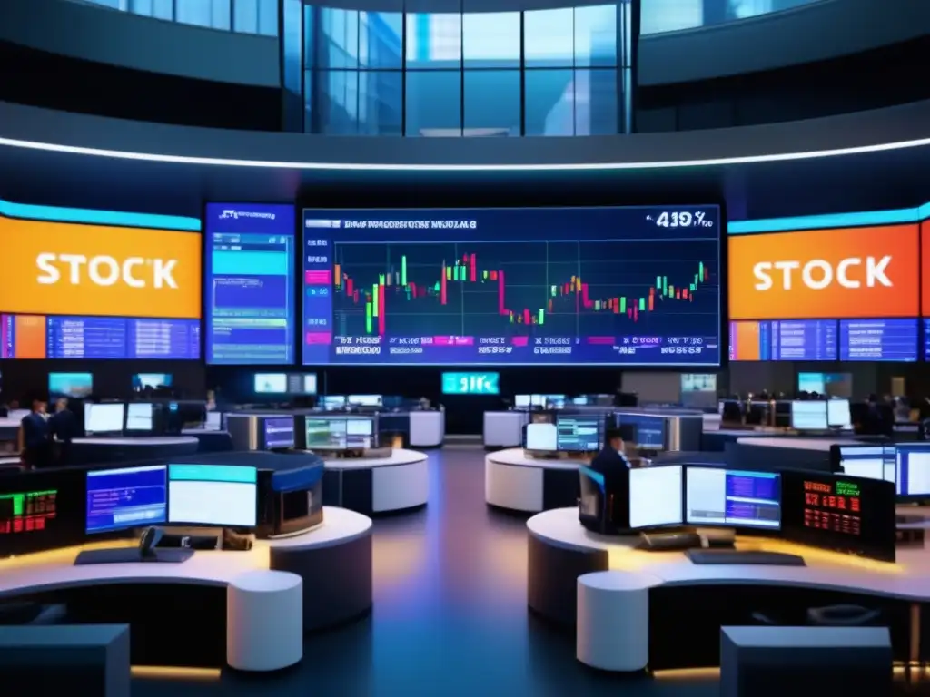 Traders en acción en moderna bolsa Trading floor moderno, vibrante y futurista con indicadores bursátiles confiables