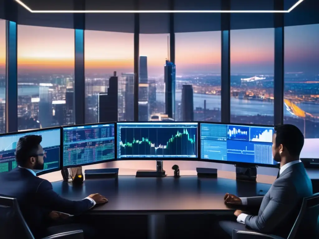 Trading de alta tecnología en ambiente sofisticado Trading floor moderno con vista a la ciudad