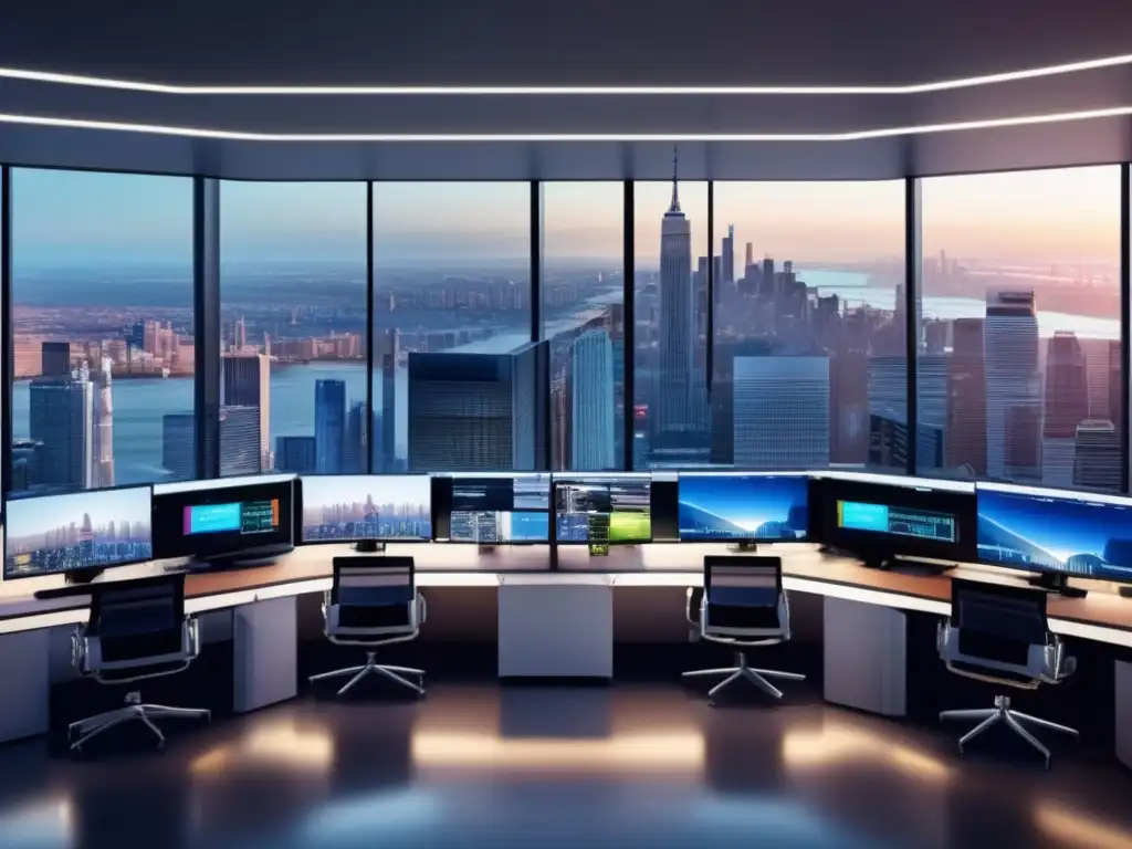 Sala de trading moderna con vista panorámica Trading floor moderno con vistas panorámicas a la ciudad: inversión inteligencia artificial