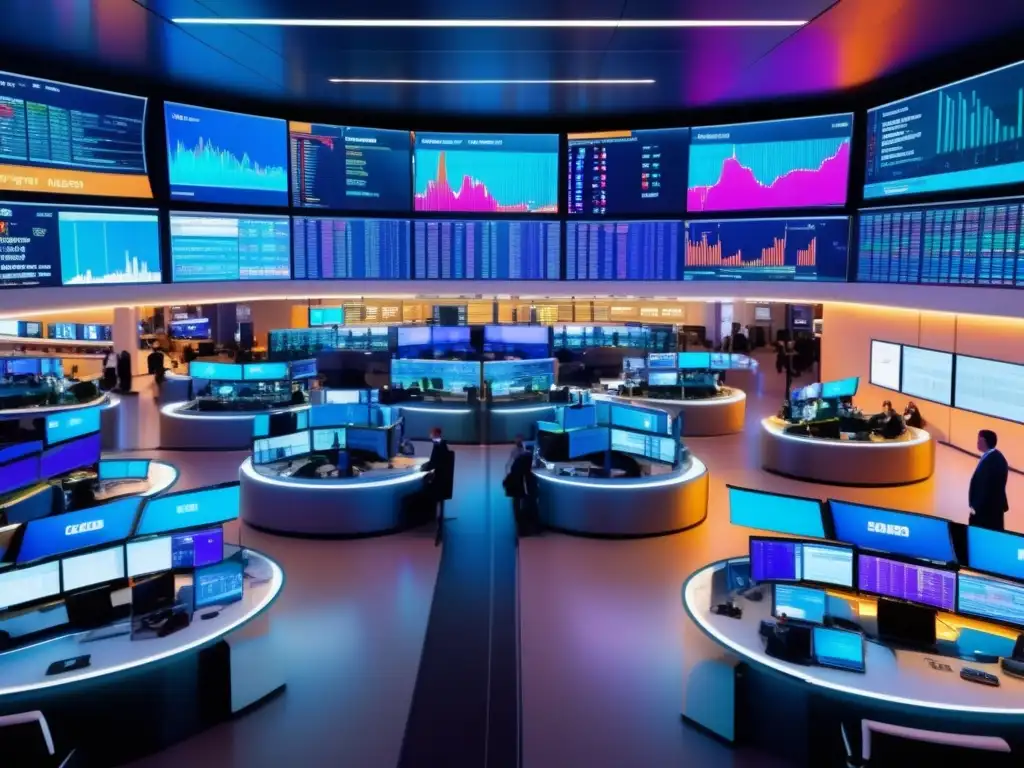 Traders en piso de intercambio luminoso Trading floor con operadores atentos y pantallas de datos en tiempo real - Estrategias para invertir en futuros y opciones