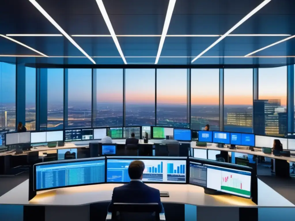 Trading moderno con profesionales analizando datos y tecnología avanzada Trading floor con profesionales analizando datos y tecnología, enfocados en análisis fundamental en mercados volátiles