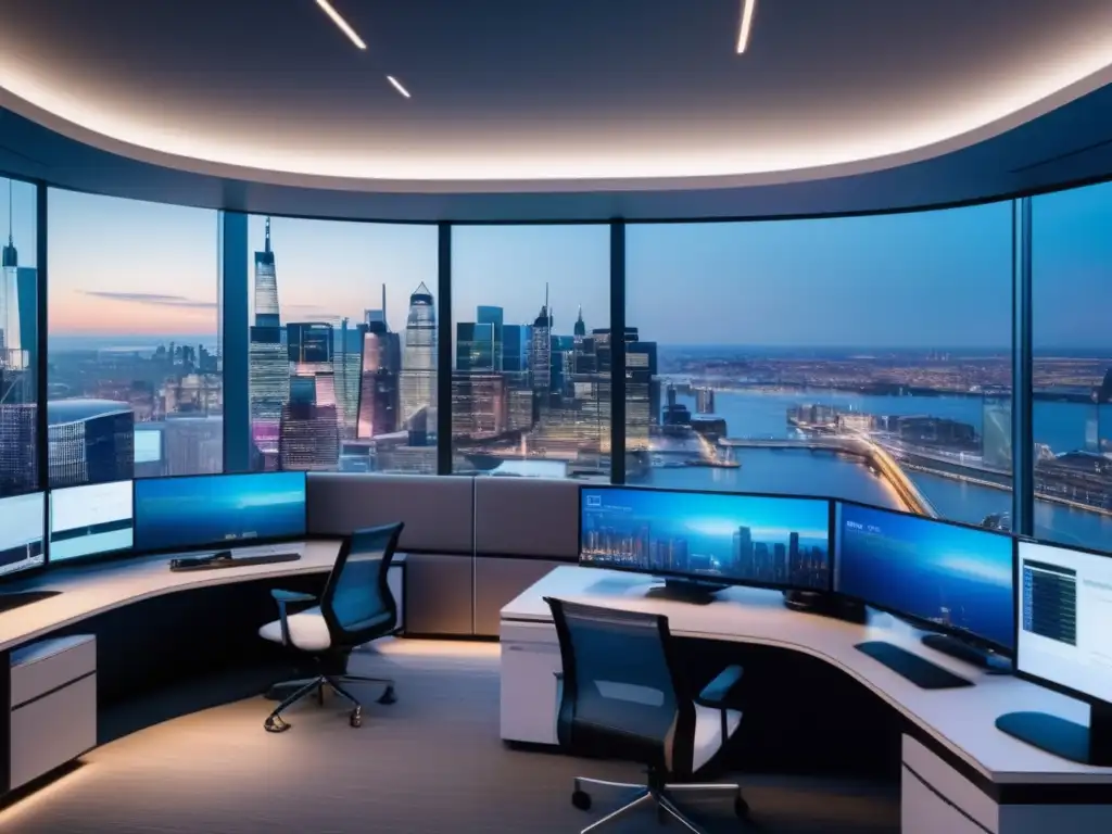 Sala de trading moderna con tecnología de vanguardia Trading floor con tecnología y vista panorámica, refleja modernidad y emoción de invertir en derivados