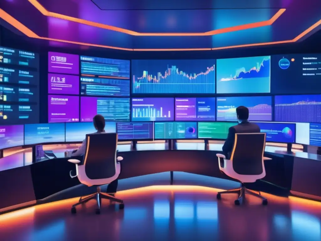 Trading floor futurista con algoritmos e IA Trading floor tecnológico con algoritmos IA: aprendizaje, mercados e inversiones